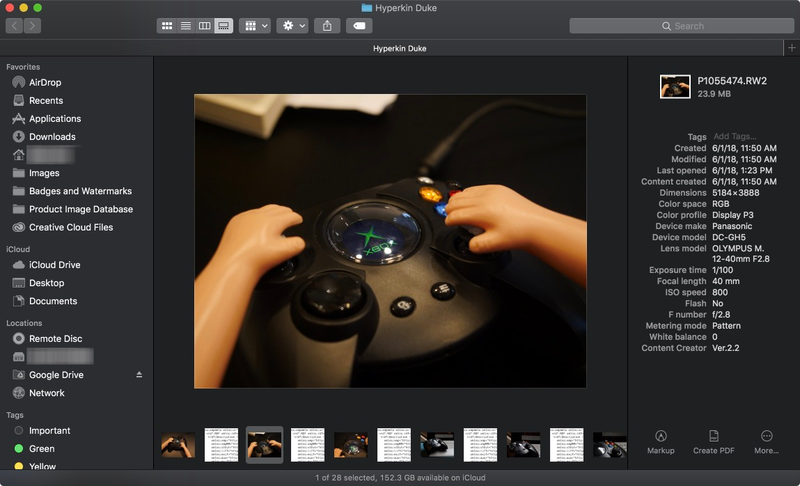 The Gallery view in Finder, with the preview pane, looks really nice in Dark Mode.